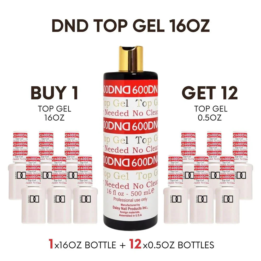 DND #600 Gel Top Coat No Wipe (No Cleanse) 16oz + Free 12 0.5oz Bottles