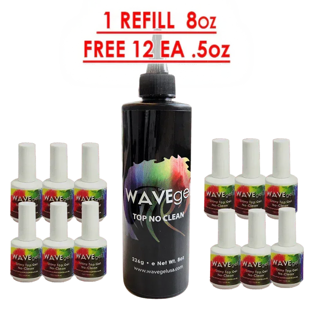 WAVE Gel Top Coat No Cleanse (No Wipe) Refill 8oz & 12 Bottles 0.5oz - TTT Nails Supply